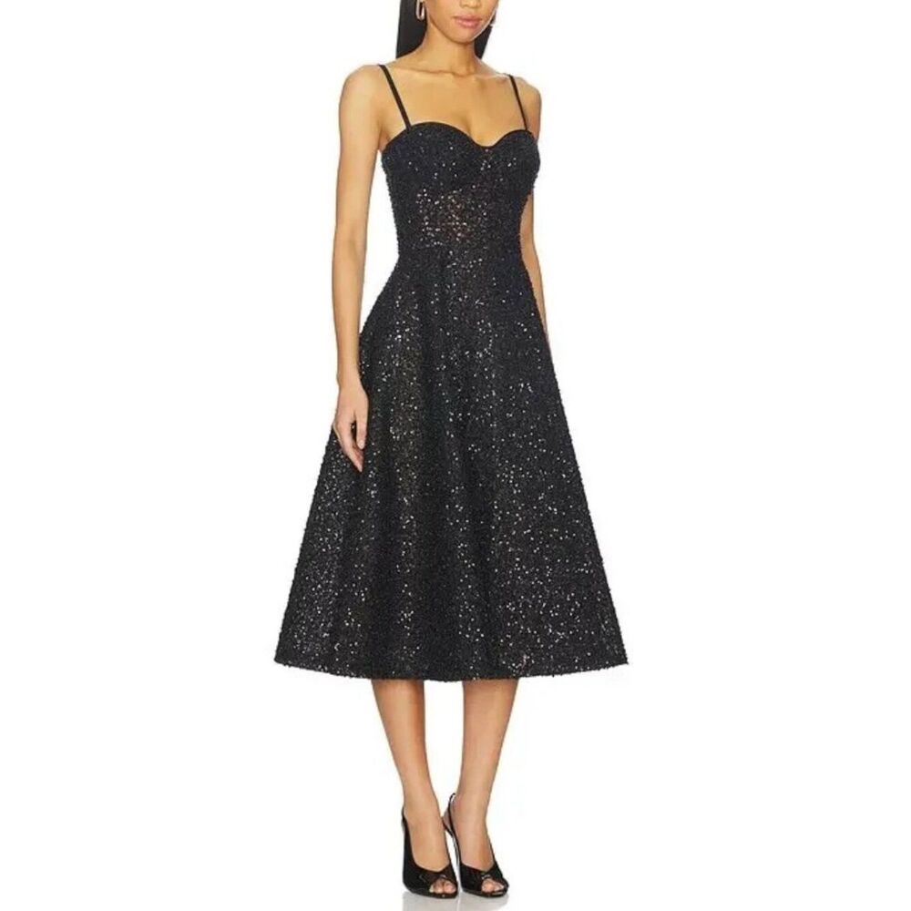 Nadine Merabi Marilyn Beaded Embellished Skater Midi Dress in black Size 6/10